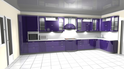 3D interior rendering modern  purple kitchen