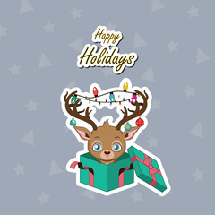 Greeting of a cute reindeer with decorated antlers