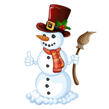 Snowman in a striped scarf and hat decorated with berries on a white background