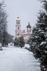 Cathedral and the river Polist Staraya Russa at winter background