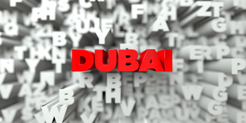 DUBAI -  Red text on typography background - 3D rendered royalty free stock image. This image can be used for an online website banner ad or a print postcard. © Chris Titze Imaging