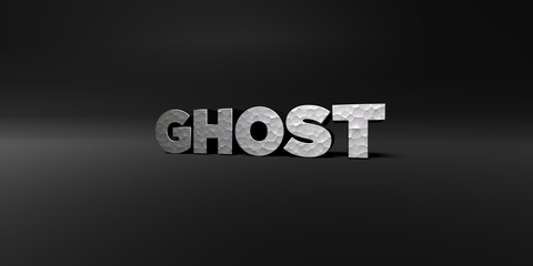 GHOST - hammered metal finish text on black studio - 3D rendered royalty free stock photo. This image can be used for an online website banner ad or a print postcard.