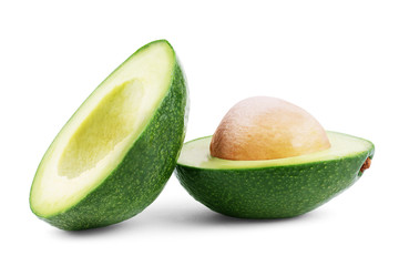 Two slices of avocado isolated on a white background. One slice