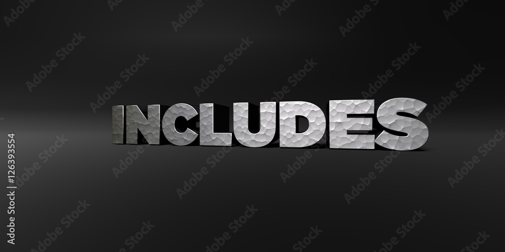Fototapete INCLUDES - hammered metal finish text on black studio - 3D rendered royalty free stock photo. This image can be used for an online website banner ad or a print postcard.
