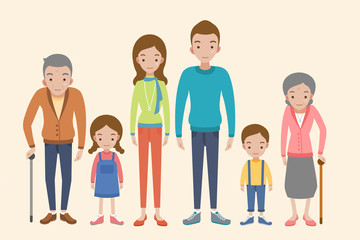 Vector set of characters in a flat style. The big family - grandfather, grandmother, mom, dad, kids.