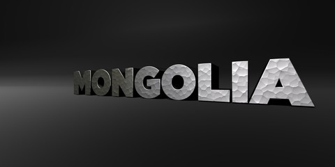 MONGOLIA - hammered metal finish text on black studio - 3D rendered royalty free stock photo. This image can be used for an online website banner ad or a print postcard.