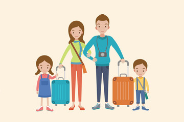 Family vacation. Family people travelling. Family vacation with children and suitcases vector illustration