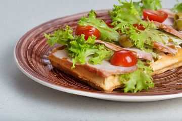 Fototapeta na wymiar Plate of belgian waffles with ham, tomatoes, herbs and balsamic vinegar