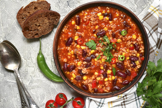 Chili con carne - traditional dish of mexican cuisine.Top view.