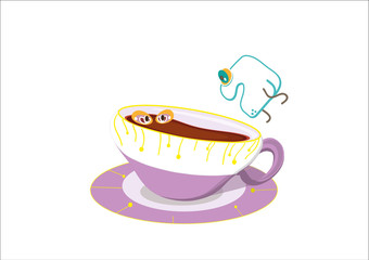 sugar cube jumping into a cup, the tea contained in the cup gets