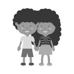 monochrome couple of children taken from the hand with curly hair vector illustration