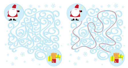 Święty Mikołaj i prezenty / łatwy labirynt dla dzieci ,rozwiązanie - obrazy, fototapety, plakaty