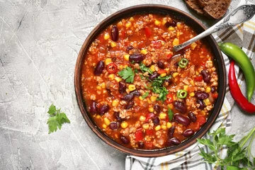 Fotobehang Chili con carne - traditional dish of mexican cuisine.Top view. © lilechka75