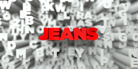 JEANS -  Red text on typography background - 3D rendered royalty free stock image. This image can be used for an online website banner ad or a print postcard.