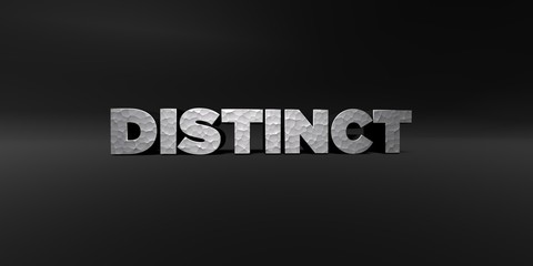 Obraz premium DISTINCT - hammered metal finish text on black studio - 3D rendered royalty free stock photo. This image can be used for an online website banner ad or a print postcard.