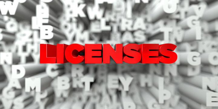 LICENSES -  Red text on typography background - 3D rendered royalty free stock image. This image can be used for an online website banner ad or a print postcard.