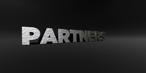 PARTNERS - hammered metal finish text on black studio - 3D rendered royalty free stock photo. This image can be used for an online website banner ad or a print postcard.