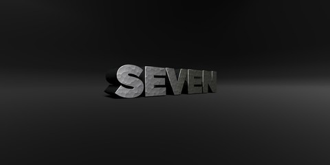 SEVEN - hammered metal finish text on black studio - 3D rendered royalty free stock photo. This image can be used for an online website banner ad or a print postcard.