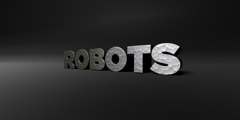 ROBOTS - hammered metal finish text on black studio - 3D rendered royalty free stock photo. This image can be used for an online website banner ad or a print postcard.