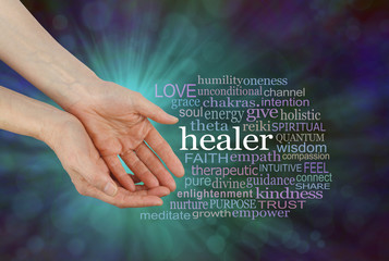 Healer Offering Healing Word Cloud - female hands in open giving gesture beside a HEALER word cloud on a green and blue outwardly flowing bokeh background 