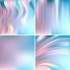 Set of four square backgrounds. Abstract vector illustration of colorful background with blurred light lines. Curved lines. Pink, blue, white colors