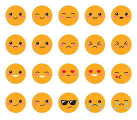 Fototapeta premium Set yellow emotions face. Set Japanese smiles. Round, yellow Kawaii face on a white background. Cute Collection emotions anime style. Vector illustration
