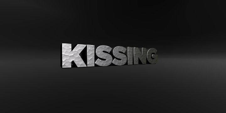 KISSING - hammered metal finish text on black studio - 3D rendered royalty free stock photo. This image can be used for an online website banner ad or a print postcard.