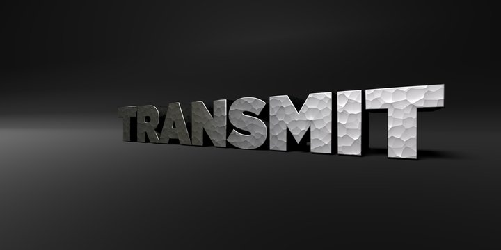 TRANSMIT - hammered metal finish text on black studio - 3D rendered royalty free stock photo. This image can be used for an online website banner ad or a print postcard.