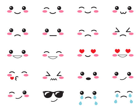Japanese set emotions. Set Japanese smiles. Kawaii face on a white background. Cute Collection emotions anime style. Anime Smiles set