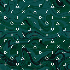 Abstract geometric seamless vector pattern. Triangles, squares, crosses, lines, s-shapes and circles on marbled background. Emerald green, white colors. Trendy necktie, natural stone texture.
