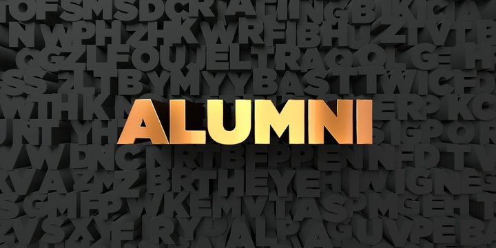 Alumni - Gold text on black background - 3D rendered royalty free stock picture. This image can be used for an online website banner ad or a print postcard.