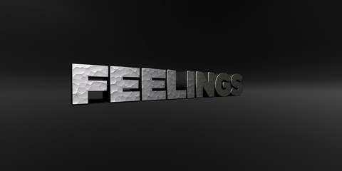 FEELINGS - hammered metal finish text on black studio - 3D rendered royalty free stock photo. This image can be used for an online website banner ad or a print postcard.