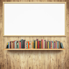 Bookshelf and empty white board on wooden wall