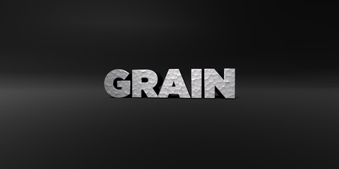 GRAIN - hammered metal finish text on black studio - 3D rendered royalty free stock photo. This image can be used for an online website banner ad or a print postcard.