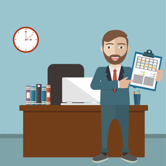 Businessman at the office with a task, showing task and analytic, flat modern design