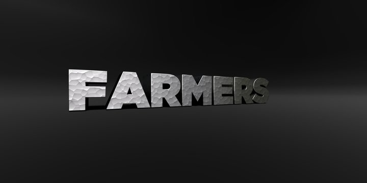 FARMERS - hammered metal finish text on black studio - 3D rendered royalty free stock photo. This image can be used for an online website banner ad or a print postcard.