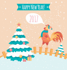 Rooster on the fence. Pastel colors. New year postcard. Peachy poster. Banner.