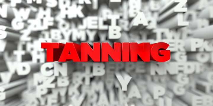 TANNING -  Red text on typography background - 3D rendered royalty free stock image. This image can be used for an online website banner ad or a print postcard.