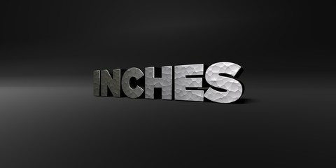 INCHES - hammered metal finish text on black studio - 3D rendered royalty free stock photo. This image can be used for an online website banner ad or a print postcard.