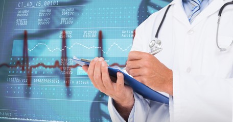 Composite image of doctor writing on clipboard