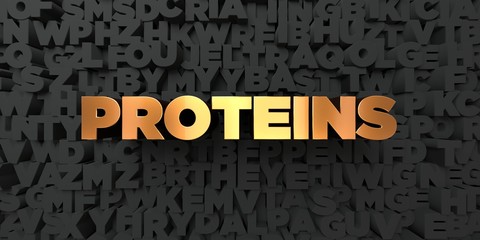 Proteins - Gold text on black background - 3D rendered royalty free stock picture. This image can be used for an online website banner ad or a print postcard.