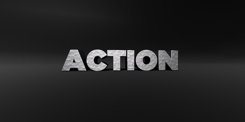 ACTION - hammered metal finish text on black studio - 3D rendered royalty free stock photo. This image can be used for an online website banner ad or a print postcard.