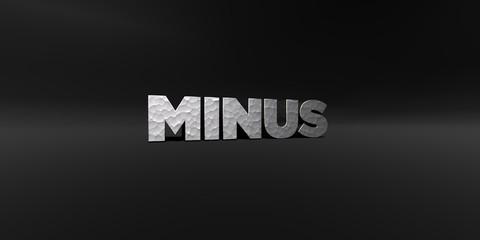 MINUS - hammered metal finish text on black studio - 3D rendered royalty free stock photo. This image can be used for an online website banner ad or a print postcard.