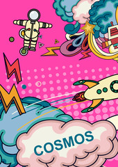 Cartoon vector illustration of space. Moon, planet, rocket, earth, cosmonaut, comet, universe Classification milky way Hand drawn Comics cosmos