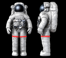 Astronaut on a black background, front and side views. image with a work path
