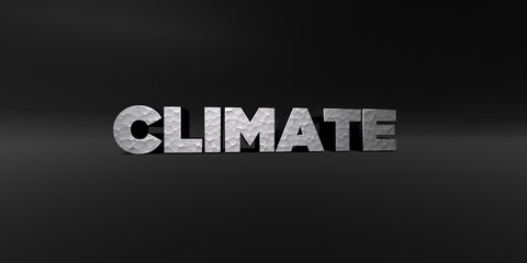 CLIMATE - hammered metal finish text on black studio - 3D rendered royalty free stock photo. This image can be used for an online website banner ad or a print postcard.