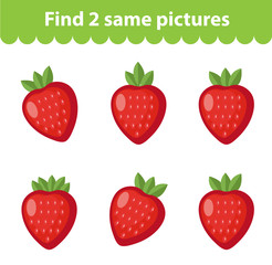 Children's educational game. Find two same pictures. Set of strawberries, for the game find two same pictures. Vector illustration.