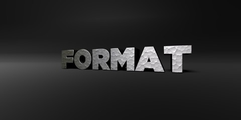 FORMAT - hammered metal finish text on black studio - 3D rendered royalty free stock photo. This image can be used for an online website banner ad or a print postcard.
