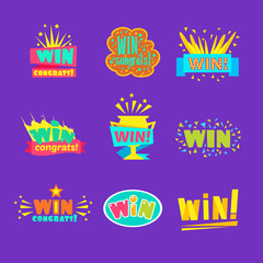 Win Congratulations Stickers Assortment Of Comic Designs For Video Game Winning Finale