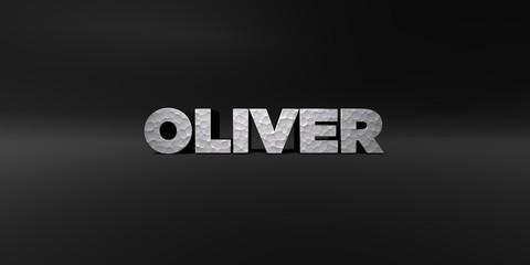 OLIVER - hammered metal finish text on black studio - 3D rendered royalty free stock photo. This image can be used for an online website banner ad or a print postcard.